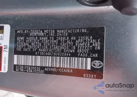 2009 Toyota Camry Se z USA, uszkodzony, nr VIN 4T1BE46K79U820944